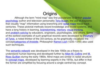Origins
Although the term "mind map" was first popularized by British popular
psychology author and television personality Tony Buzan, the use of diagrams
that visually "map" information using branching and radial maps traces back
centuries. These pictorial methods record knowledge and model systems, and
have a long history in learning, brainstorming, memory, visual thinking,
and problem solving by educators, engineers, psychologists, and others. Some
of the earliest examples of such graphical records were developed by Porphyry
of Tyros, a noted thinker of the 3rd century, as he graphically visualized the
conceptcategories of Aristotle. Philosopher Ramon Llull (1235–1315) also used
such techniques.
The semantic network was developed in the late 1950s as a theory to
understand human learning and developed further by Allan M. Collins and M.
Ross Quillian during the early 1960s. Mind maps are similar in radial structure
to concept maps, developed by learning experts in the 1970s, but differ in that
the former are simplified by focusing around a single central key concept.
 