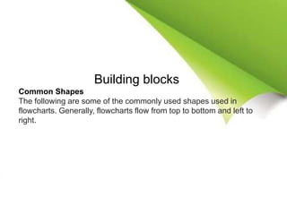 Building blocks
Common Shapes
The following are some of the commonly used shapes used in
flowcharts. Generally, flowcharts flow from top to bottom and left to
right.
 