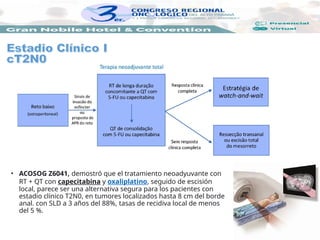 • ACOSOG Z6041, demostró que el tratamiento neoadyuvante con
RT + QT con capecitabina y oxaliplatino, seguido de escisión
local, parece ser una alternativa segura para los pacientes con
estadio clínico T2N0, en tumores localizados hasta 8 cm del borde
anal. con SLD a 3 años del 88%, tasas de recidiva local de menos
del 5 %.
 