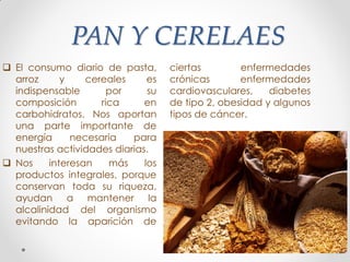 PAN Y CERELAES
 El consumo diario de pasta,
arroz y cereales es
indispensable por su
composición rica en
carbohidratos. Nos aportan
una parte importante de
energía necesaria para
nuestras actividades diarias.
 Nos interesan más los
productos integrales, porque
conservan toda su riqueza,
ayudan a mantener la
alcalinidad del organismo
evitando la aparición de
ciertas enfermedades
crónicas enfermedades
cardiovasculares, diabetes
de tipo 2, obesidad y algunos
tipos de cáncer.
 