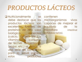 PRODUCTOS LÁCTEOS
 Nutricionalmente se
debe destacar que los
productos lácteos son
excelentes fuentes de
proteínas de alto valor
biológico, minerales
(calcio, fósforo, etc.) y
vitaminas. El consumo
de leches fermentadas
(yogur, etc.) se asocia a
una serie de beneficios
para la salud porque
estos productos
contienen
microorganismos vivos
capaces de mejorar el
equilibrio de la
microflora intestinal
(bifidobacterias).
 