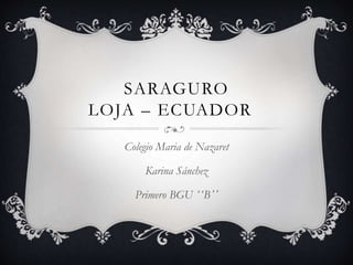 SARAGURO
LOJA – ECUADOR
Colegio Maria de Nazaret
Karina Sánchez
Primero BGU ʻʻBʼʼ
 