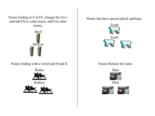 Nouns Ending in F or FE ,change the f to v and add ES to some nouns, add S to other nouns. Shelf Shelves Nouns Ending with a vowel and O add S. Rodeo Rodeos Nouns that have special plural spellings. Tooth Teeth Nouns Remain the same. Deer Deer