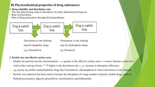 B] Physicochemical properties of drug substances:
1. Drug solubility and dissolution rate:
▪ The rate determining steps in absorption of orally administered drugs are
▪ Rate of dissolution
▪ Rate of drug permeation through the biomembrane.
Dissolution is rate limiting Permeation is rate limiting
step for lipophilic drugs. step for Hydrophilic drugs.
e.g. Griseofulvin e.g. Neomycin
2. Particle size and effective surface area:
▪ Smaller the particle size (by micronization) greater is the effective surface area more intimate contact b/w
solid surface and aq solvent higher is the dissolution rate increase in absorption efficiency.
▪ e.g. poorly aq soluble nonhydrophobic drugs like Griseofulvin, chloramphenicol whose dissolution is rate limited.
▪ Particle size reduction has been used to increase the absorption of a large number of poorly soluble drugs, such as
bishydroxycoumarin, digoxin, griseofulvin, nitrofurantoin, and tolbutamide.
 