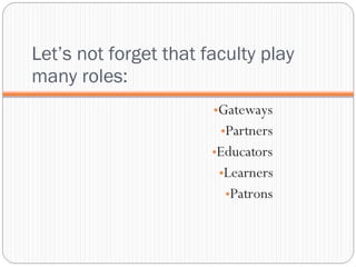 Let’s not forget that faculty play many roles: Gateways Partners Educators Learners Patrons 