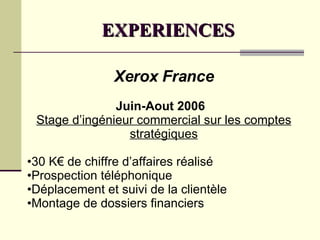 EXPERIENCES Xerox France Juin-Aout 2006 Stage d’ingénieur commercial sur les comptes stratégiques 30 K€ de chiffre d’affaires réalisé Prospection téléphonique Déplacement et suivi de la clientèle  Montage de dossiers financiers 