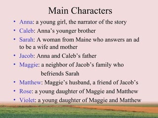 Main Characters Anna : a young girl, the narrator of the story Caleb : Anna’s younger brother Sarah : A woman from Maine who answers an ad to be a wife and mother Jacob : Anna and Caleb’s father Maggie : a neighbor of Jacob’s family who  befriends Sarah Matthew : Maggie’s husband, a friend of Jacob’s Rose : a young daughter of Maggie and Matthew Violet : a young daughter of Maggie and Matthew 