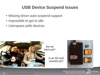 USB Device Suspend Issues
     • Missing driver auto-suspend support
     • Impossible to get to idle
     • Userspace polls devices




                                              Are we
                                            there yet?


                                               Is an SD card
                                                inserted yet?


                                                            Software and Services Group (SSG)
11   SD card reader: flickr.com osde-info                       System Software Division (SSD)
 