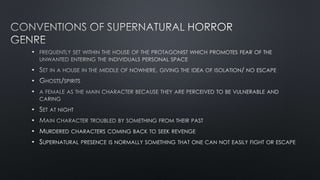 •
•
•
•
•
•
• MURDERED CHARACTERS COMING BACK TO SEEK REVENGE
• SUPERNATURAL PRESENCE IS NORMALLY SOMETHING THAT ONE CAN NOT EASILY FIGHT OR ESCAPE
