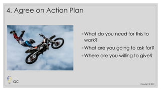4. Agree on Action Plan
◦ What do you need for this to
work?
◦ What are you going to ask for?
◦ Where are you willing to give?
Copyright © 2021
IQC
 