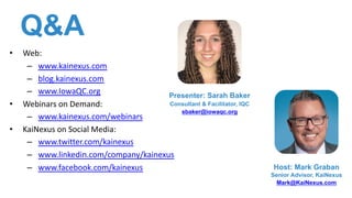 Q&A
• Web:
– www.kainexus.com
– blog.kainexus.com
– www.IowaQC.org
• Webinars on Demand:
– www.kainexus.com/webinars
• KaiNexus on Social Media:
– www.twitter.com/kainexus
– www.linkedin.com/company/kainexus
– www.facebook.com/kainexus Host: Mark Graban
Senior Advisor, KaiNexus
Mark@KaiNexus.com
Presenter: Sarah Baker
Consultant & Facilitator, IQC
sbaker@iowaqc.org
 