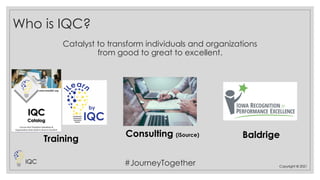 Who is IQC?
IQC
Copyright © 2021
Catalyst to transform individuals and organizations
from good to great to excellent.
#JourneyTogether
Training
Consulting (iSource) Baldrige
 