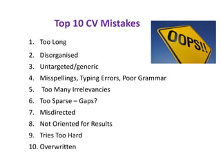 Top 10 CV Mistakes
1. Too Long
2. Disorganised
3. Untargeted/generic
4. Misspellings, Typing Errors, Poor Grammar
5. Too Many Irrelevancies
6. Too Sparse – Gaps?
7. Misdirected
8. Not Oriented for Results
9. Tries Too Hard
10. Overwritten
 