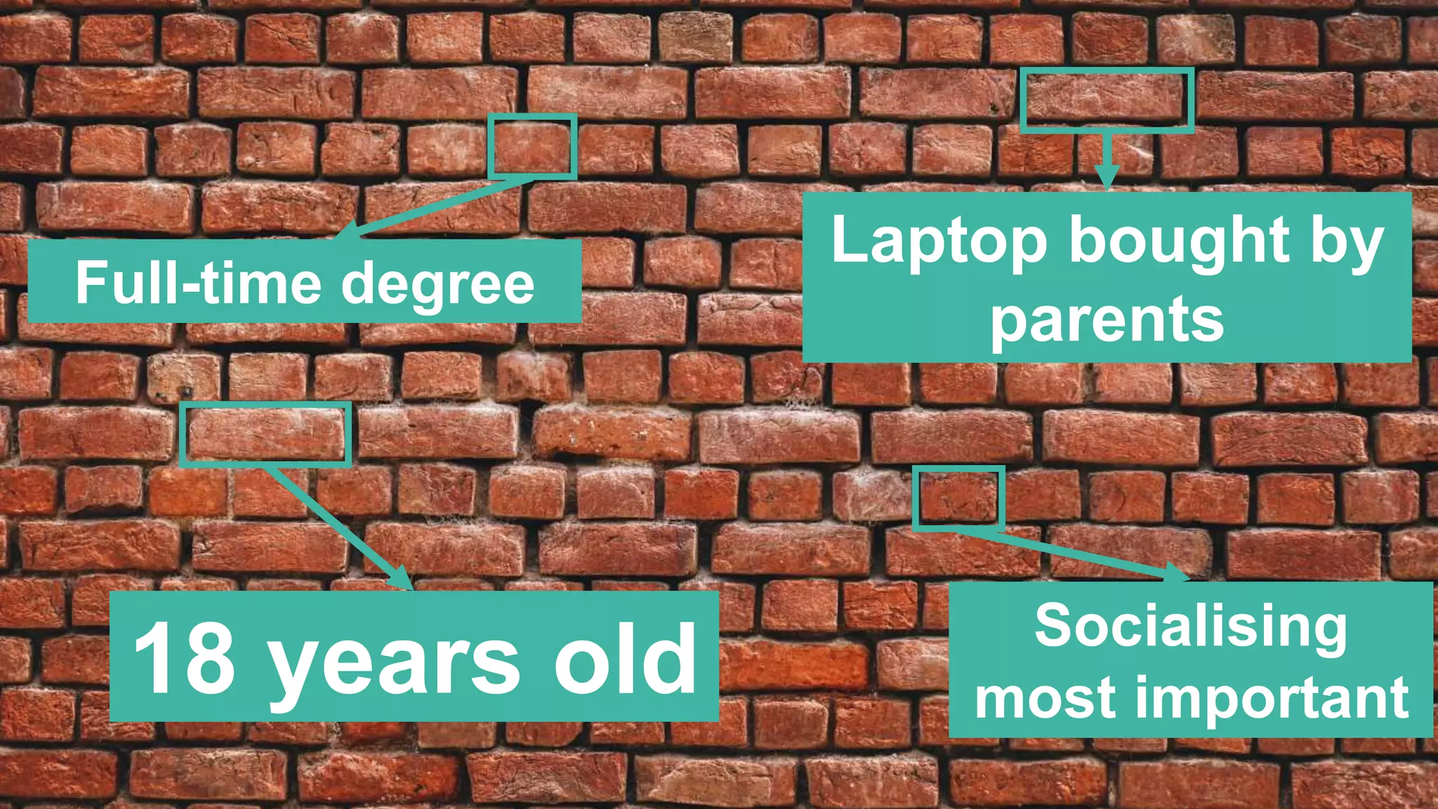 18 years old
Full-time degree
Laptop bought by
parents
Socialising
most important
 