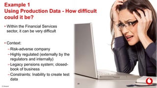 C2 General
Example 1
Using Production Data - How difficult
could it be?
20
• Within the Financial Services
sector, it can be very difficult
• Context:
–Risk-adverse company
–Highly regulated (externally by the
regulators and internally)
–Legacy pensions system; closed-
book of business
–Constraints: Inability to create test
data
 