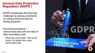 C2 General
General Data Protection
Regulation (GDPR )
C1 Public
27
• GDPR complicates the test data
challenge by placing constraints
on using production data for
testing purposes
• Use de-personalised /
anonymised data with the help of
data scrambling tools
– Obviously not all data. That would
make it no better than using
handcrafted data
 