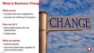 C2 General
What is Business Change?
9
What we do
• Increase end-user engagement
• Increase the likelihood of adoption
How we do it
• Build relationships with key
stakeholders
• Collaboration
What we deliver
• Realise benefits
• Improved stakeholder appetite for
future transformation
 
