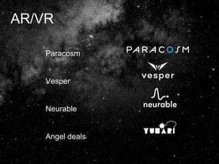 AR/VR
Paracosm
Vesper
Neurable
Angel deals
 