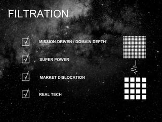 FILTRATION
MISSION-DRIVEN / DOMAIN DEPTH
SUPER POWER
REAL TECH
MARKET DISLOCATION
 