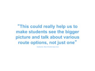 “This could really help us to
make students see the bigger
picture and talk about various
route options, not just one”
- Headteacher, West of Scotland high school
 