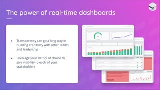 The power of real-time dashboards
● Transparency can go a long way in
building credibility with other teams
and leadership
● Leverage your BI tool of choice to
give visibility to each of your
stakeholders
 