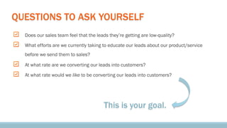 QUESTIONS TO ASK YOURSELF
"
"

Does our sales team feel that the leads they’re getting are low-quality?
What efforts are w...