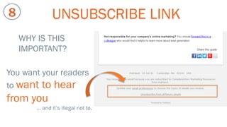 UNSUBSCRIBE LINK

8

WHY IS THIS
IMPORTANT?
You want your readers
to want to hear

from you
… and it’s illegal not to.

 