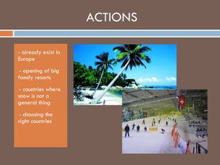 ACTIONS - already exist in Europe - opening of big family resorts - countries where snow is not a general thing - choosing the right countries 