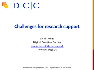 Challenges for research support
Dutch research support event, 22-23 September 2016, Rotterdam
Sarah Jones
Digital Curation Centre
sarah.jones@glasgow.ac.uk
Twitter: @sjDCC
 