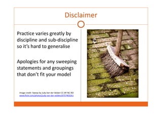 Disclaimer 
Practice varies greatly by 
discipline and sub‐discipline 
so it’s hard to generalise 
Apologies for any sweeping 
statements and groupings 
that don’t fit your model 
Image credit: Sweep by Judy Van der Velden CC‐BY‐NC‐ND 
www.flickr.com/photos/judy‐van‐der‐velden/6757403261 
 