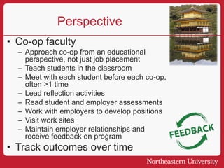 Perspective
• Co-op faculty
– Approach co-op from an educational
perspective, not just job placement
– Teach students in the classroom
– Meet with each student before each co-op,
often >1 time
– Lead reflection activities
– Read student and employer assessments
– Work with employers to develop positions
– Visit work sites
– Maintain employer relationships and
receive feedback on program
• Track outcomes over time
 
