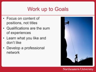 Work up to Goals
• Focus on content of
positions, not titles
• Qualifications are the sum
of experiences
• Learn what you like and
don’t like
• Develop a professional
network
 