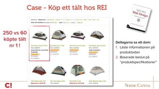 250 vs 60
köpte tält  
nr 1 !
Deltagarna sa att dom:
1. Läste informationen på
produktsidan
2. Baserade beslut på
“produktspeciﬁkationer”
Case - Köp ett tält hos REI
 