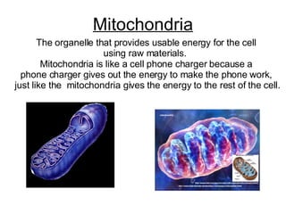 Mitochondria The organelle that provides usable energy for the cell using raw materials.  Mitochondria is like a cell phone charger because a  phone charger gives out the energy to make the phone work,  just like the  mitochondria gives the energy to the rest of the cell. 