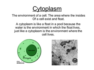 Cytoplasm The environment of a cell. The area where the insides Of a cell exist and float. A cytoplasm is like a float in a pool because the water is the environment in which the float lives,  just like a cytoplasm is the environment where the cell lives. 
