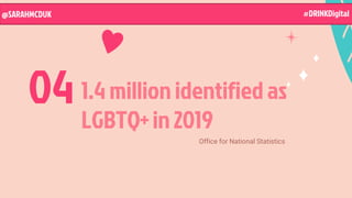 1.4 million identified as
LGBTQ+ in 2019
04
Office for National Statistics
#DRINKDigital
@SARAHMCDUK #DRINKDigital
 