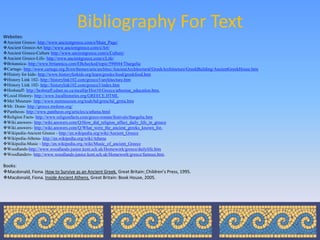 Bibliography For Text
Websites:
Ancient Greece- http://www.ancientgreece.com/s/Main_Page/
Ancient Greece-Art http://www.ancientgreece.com/s/Art/
Ancient Greece-Culture http://www.ancientgreece.com/s/Culture/
Ancient Greece-Life- http://www.ancientgreece.com/s/Life/
Britannica- http://www.britannica.com/EBchecked/topic/590044/Thargelia
Cartage- http://www.cartage.org.lb/en/themes/arts/architec/AncientArchitectural/GreekArchitecture/GreekBuilding/AncientGreekHouse.htm
History for kids- http://www.historyforkids.org/learn/greeks/food/greekfood.htm
History Link 102- http://historylink102.com/greece3/architecture.htm
History Link 102- http://historylink102.com/greece3/index.htm
Hrsbstaff- http://hrsbstaff.ednet.ns.ca/mcallip/Hist10/Greece/athenian_education.htm,
Local History- http://www.localhistories.org/GREECE.HTML
Met Museum- http://www.metmuseum.org/toah/hd/grmu/hd_grmu.htm
Mr. Donn- http://greece.mrdonn.org/
Pantheon- http://www.pantheon.org/articles/a/athena.html
Religion Facts- http://www.religionfacts.com/greco-roman/festivals/thargelia.htm
Wiki.answers- http://wiki.answers.com/Q/How_did_religion_affect_daily_life_in_greece
Wiki.answers- http://wiki.answers.com/Q/What_were_the_ancient_greeks_known_for,
Wikipedia-Ancient Greece - http://en.wikipedia.org/wiki/Ancient_Greece
Wikipedia-Athena- http://en.wikipedia.org/wiki/Athena
Wikipedia-Music - http://en.wikipedia.org./wiki/Music_of_ancient_Greece
Woodlands-http://www.woodlands-junior.kent.sch.uk/Homework/greece/dailylife.htm
Woodlanders- http://www.woodlands-junior.kent.sch.uk/Homework/greece/famous.htm.

Books:
Macdonald, Fiona. How to Survive as an Ancient Greek. Great Britain: Children’s Press, 1995.
Macdonald, Fiona. Inside Ancient Athens. Great Britain: Book House, 2005.
 