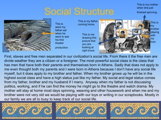 This is my mother
                                                                                       when she just

                          Social Structure                                             finished spinning.


                                                This is my father                                 This is
                                 This is        coming home.                                      my
                                 were my
                                                                                                  brother
                                 father sat
                                                                                                  playing
                                 when he           This is me                                     with
                                 went to see       drawing this                                   his
                                 his first         picture that                                   toys.
                                 theater           you are
                                 production.       looking at
                                                   right know.

First, slaves and free men separated in our civilization’s social life. From there it the free men are
divide weather they are a citizen or a foreigner. The most powerful social class is the class that
has men that have both their parents and themselves born in Athens. Sadly that does not apply to
me even thought both my parents and I were born in Athens because I don’t have any social life
myself, but it does apply to my brother and father. When my brother grows up he will be in the
highest social class and have a high status just like my father. My social and legal status comes
from my father, brother and my husband if I marry. Anyway when my father is not discussing
politics, working, and if he can find the money he might go to the theatre and watch drama. My
mother will stay at home most days spinning, weaving and other housework and when me and my
brother were not very old we would be playing with our toys or writing in our scrapbooks. Mostly in
our family we are all to busy to keep track of our social life.
 