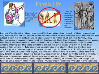 Family Life
                                              This is my
                  In our family we            when my
                  believed that               mother and
                  everyone should             aunt would
                  be treated                  teach me
                  equally.                    the ways of
                                              a women in
                                              our
                                              civilization.


In our Civilization the husband/father was the head of the household.
My father could do what ever he wanted in the house and make us do
what ever he wanted us to do. Lucky for the rest of the family, my
father was a great man and he believed that he should treat everyone
the way he wanted to be treated, if not better. However my father
would make all the important decisions and was the only one that
was a full citizen. My mother would do the daily chores including
cooking and weaving and also raise my brother and I. We were poor
and we felt it was not right, so we did not have a slave. This meant
my brother and I had to help my mother and father with all the work. I,
being a female, would help my mother and learn the female jobs
around a household, and my brother, being a male, would help my
father and learn the male roles. Wealthier families would have slaves
to help with the daily chores.
 