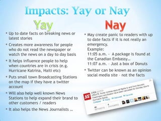 ▪ Up to date facts on breaking news or    ▪ May create panic to readers with up
 latest stories                            to date facts if it is not really an
▪ Creates more awareness for people        emergency.
 who do not read the newspaper or          Example:
 watch the news on a day to day basis      11:05 a.m. - A package is found at
▪ It helps influence people to help        the Canadian Embassy…
 when countries are in crisis (e.g.        11:07 a.m. – Just a box of Donuts
 Hurricane Katrina, Haiti etc)            ▪ Twitter can be known as an opinion
▪ Puts small town Broadcasting Stations    social media site – not the facts
 on the map if they have a twitter
 account
▪ Will also help well known News
 Stations to help expand their brand to
 other customers / readers
▪ It also helps the News Journalists …
 