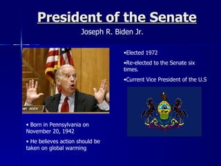 President of the Senate Joseph R. Biden Jr. Elected 1972 Re-elected to the Senate six times. Current Vice President of the U.S Born in Pennsylvania on November 20, 1942 He believes action should be taken on global warming 