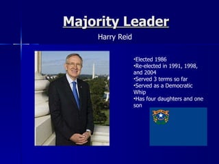 Majority Leader Harry Reid Elected 1986 Re-elected in 1991, 1998, and 2004 Served 3 terms so far Served as a Democratic Whip Has four daughters and one son 