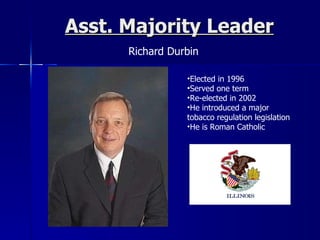 Asst. Majority Leader Richard Durbin Elected in 1996 Served one term Re-elected in 2002 He introduced a major tobacco regulation legislation He is Roman Catholic 