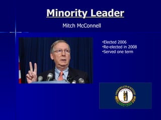 Minority Leader Mitch McConnell Elected 2006 Re-elected in 2008 Served one term 