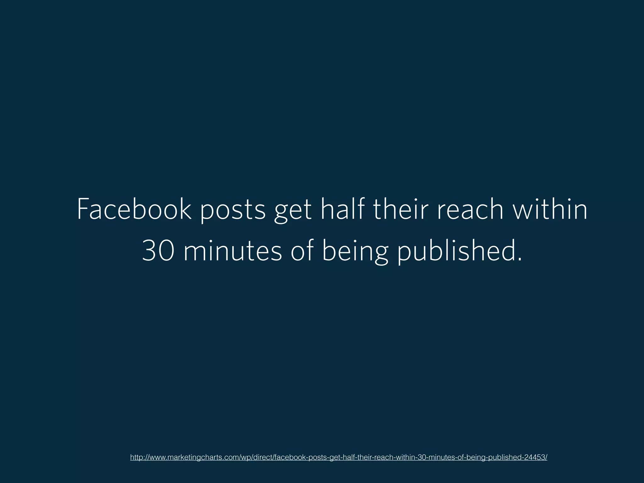 Facebook posts get half their reach within
30 minutes of being published.
http://www.marketingcharts.com/wp/direct/facebook-posts-get-half-their-reach-within-30-minutes-of-being-published-24453/
 