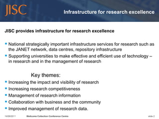 Infrastructure for research excellenceJISC provides infrastructure for research excellenceNational strategically important infrastructure services for research such as the JANET network, data centres, repository infrastructure