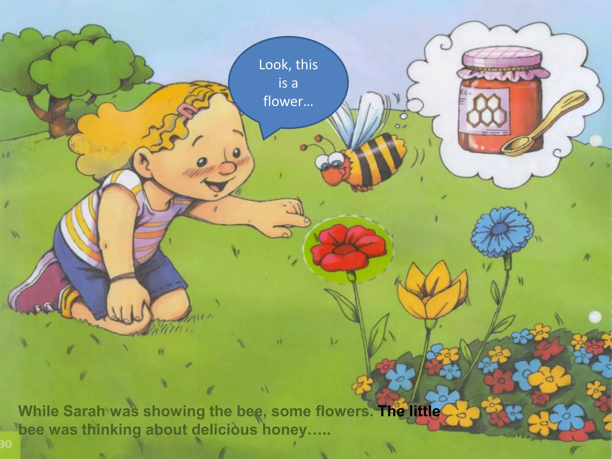 Look, thisis a flower… While Sarah wasshowingthebee, someflowers. Thelittlebeewasthinkingabout delicioushoney….. 
