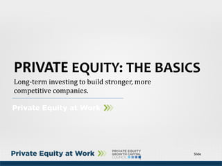 Slide
Long-term investing to build stronger, more
competitive companies.
PRIVATE EQUITY: THE BASICS
 