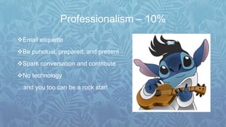 Professionalism – 10%
Email etiquette
Be punctual, prepared, and present
Spark conversation and contribute
No technology
…and you too can be a rock star!
 