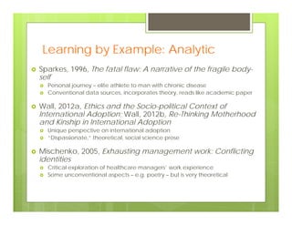 Learning by Example: Analytic
 Sparkes, 1996, The fatal flaw: A narrative of the fragile body-
self
 Personal journey – elite athlete to man with chronic disease
 Conventional data sources, incorporates theory, reads like academic paper
 Wall, 2012a, Ethics and the Socio-political Context of
International Adoption; Wall, 2012b, Re-Thinking Motherhood
and Kinship in International Adoption
 Unique perspective on international adoption
 “Dispassionate,” theoretical, social science prose
 Mischenko, 2005, Exhausting management work: Conflicting
identities
 Critical exploration of healthcare managers’ work experience
 Some unconventional aspects – e.g. poetry – but is very theoretical
 